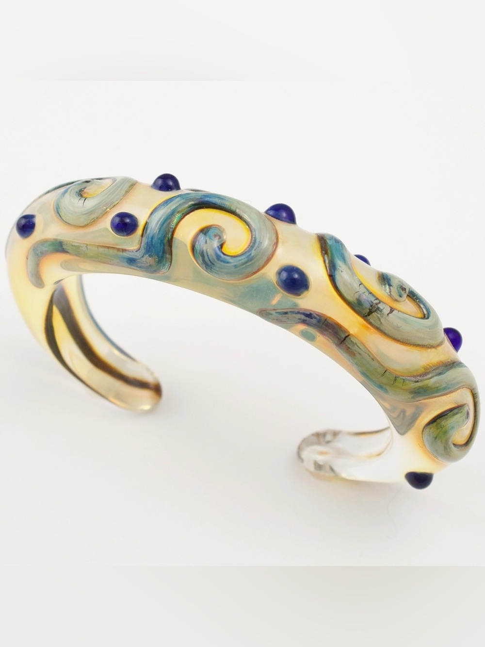 Vintage Lampwork Art Glass Cuff Bracelet with Dot and Swirl Design